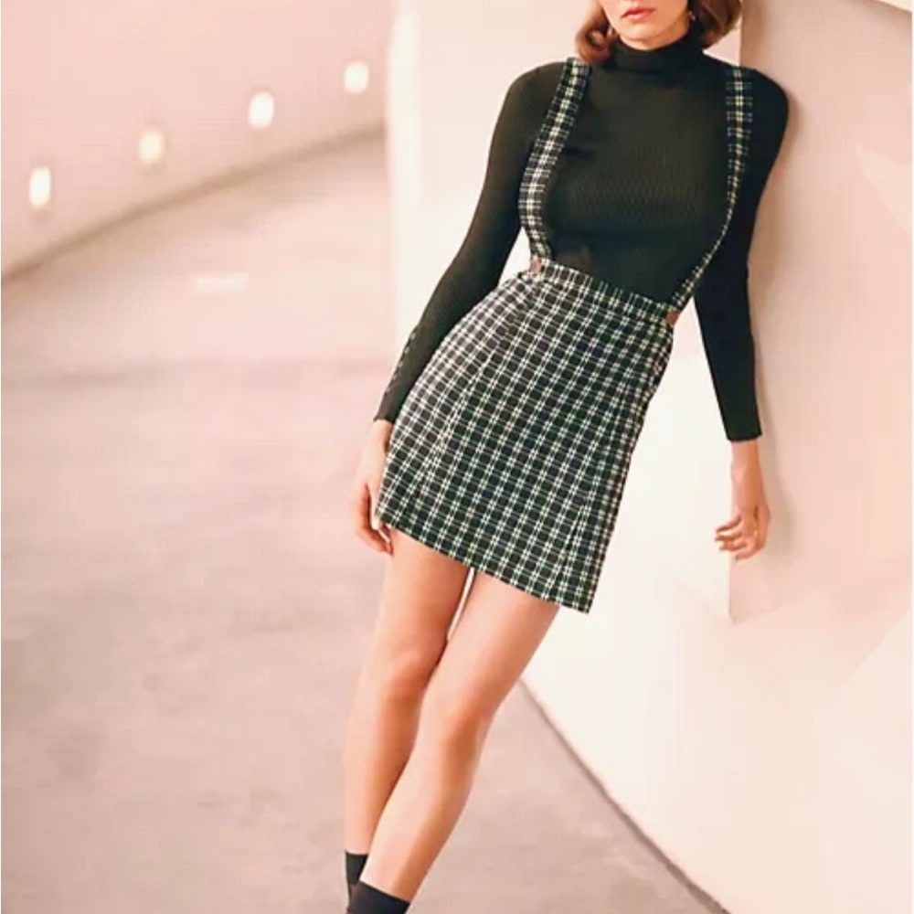Maeve Anthropologie Green & Black Plaid Suspender  Skirt sz 12